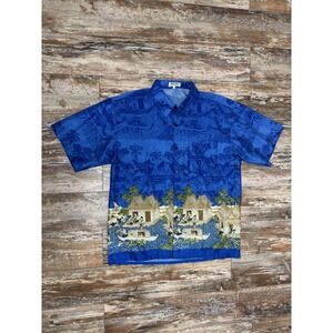Vintage Thai Silk By Apple Blue Oriental Button Up Shirt Size XL Asian